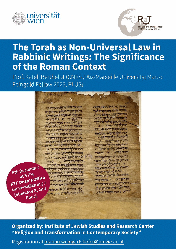Plakat Veranstaltung "The Torah as Non-Universal Law in Rabbinic Writings"