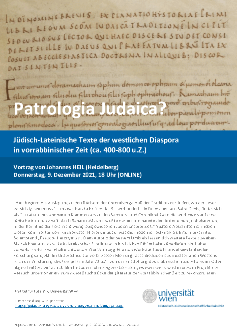 Flyer Vortrag Johannes Heil "Patrologia Judaicia?"
